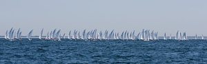 The Fleet of OK dinghies downwind